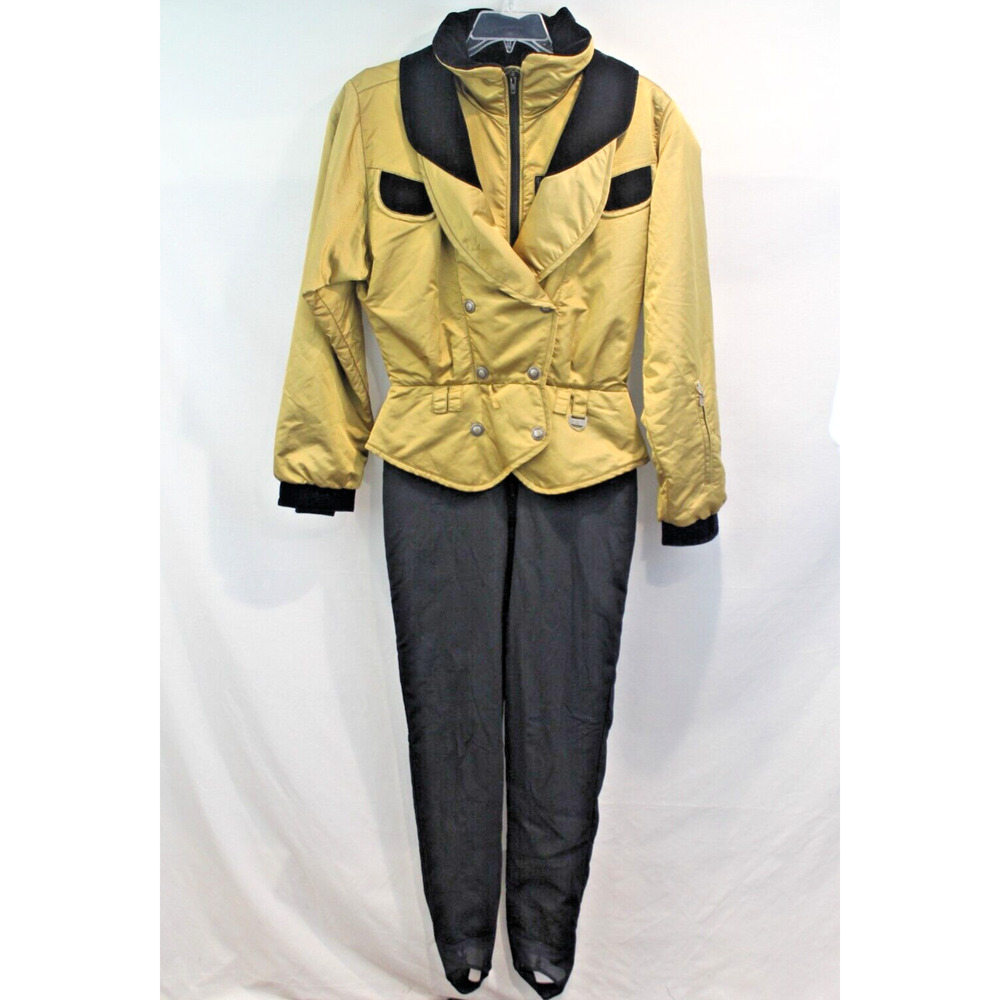 Nils Ski Suit Vintage One Piece Size 12 Gold Black Velour Trim Snap Zip Closure
